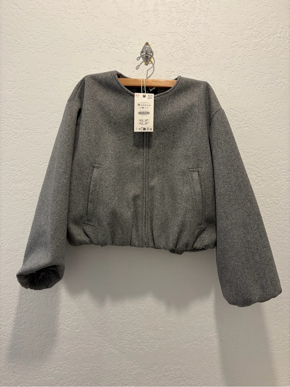Zara Grey Cropped Wool-Blend Bomber Jacket